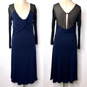 Armani Collezioni Navy Blue & Black Mesh Sleeves Midi Dress Size 6 Made in Italy